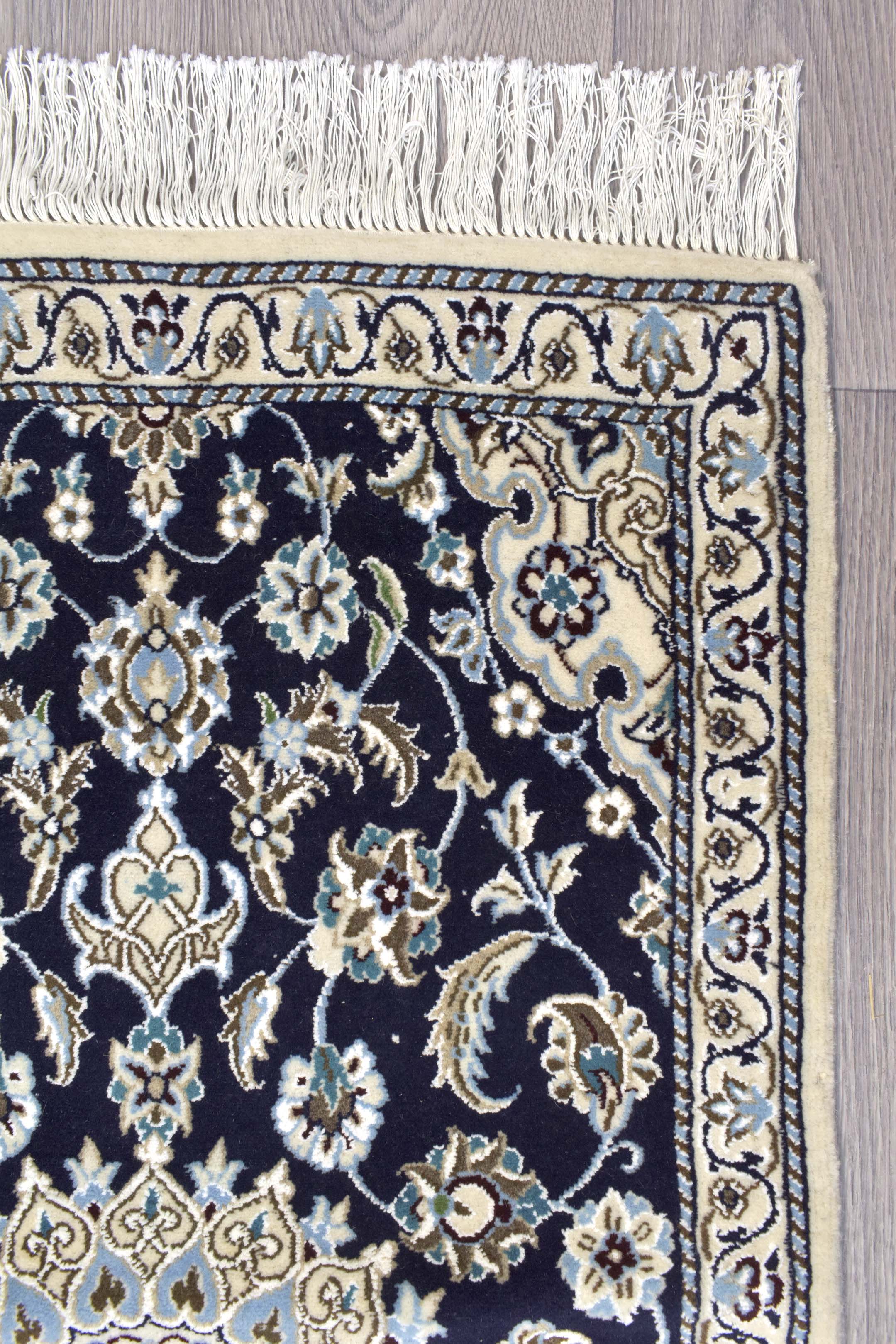 Navy Persian Nain Silk n Wool Runner 210cm x 63cm