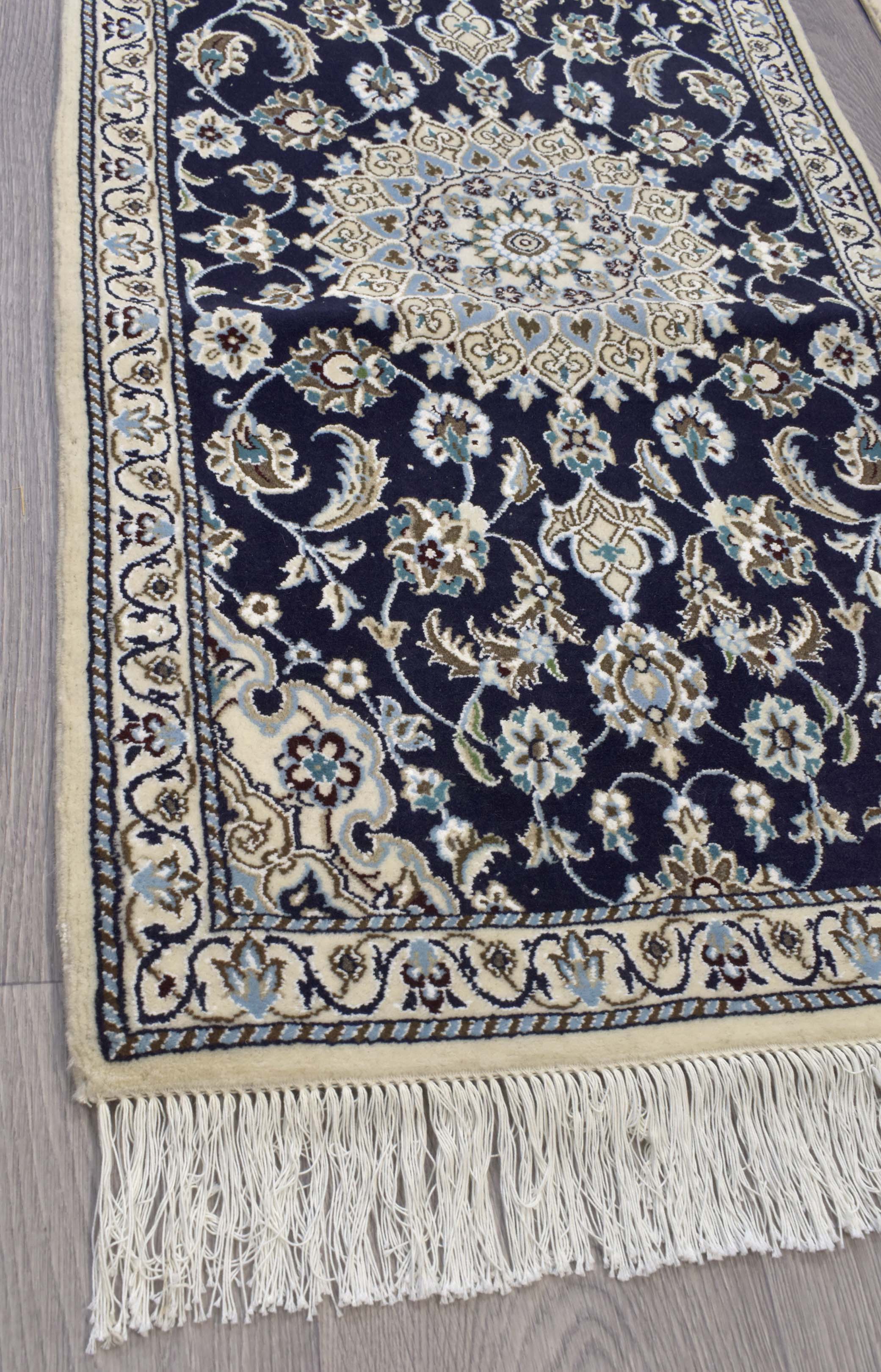 Navy Persian Nain Silk n Wool Runner 210cm x 63cm