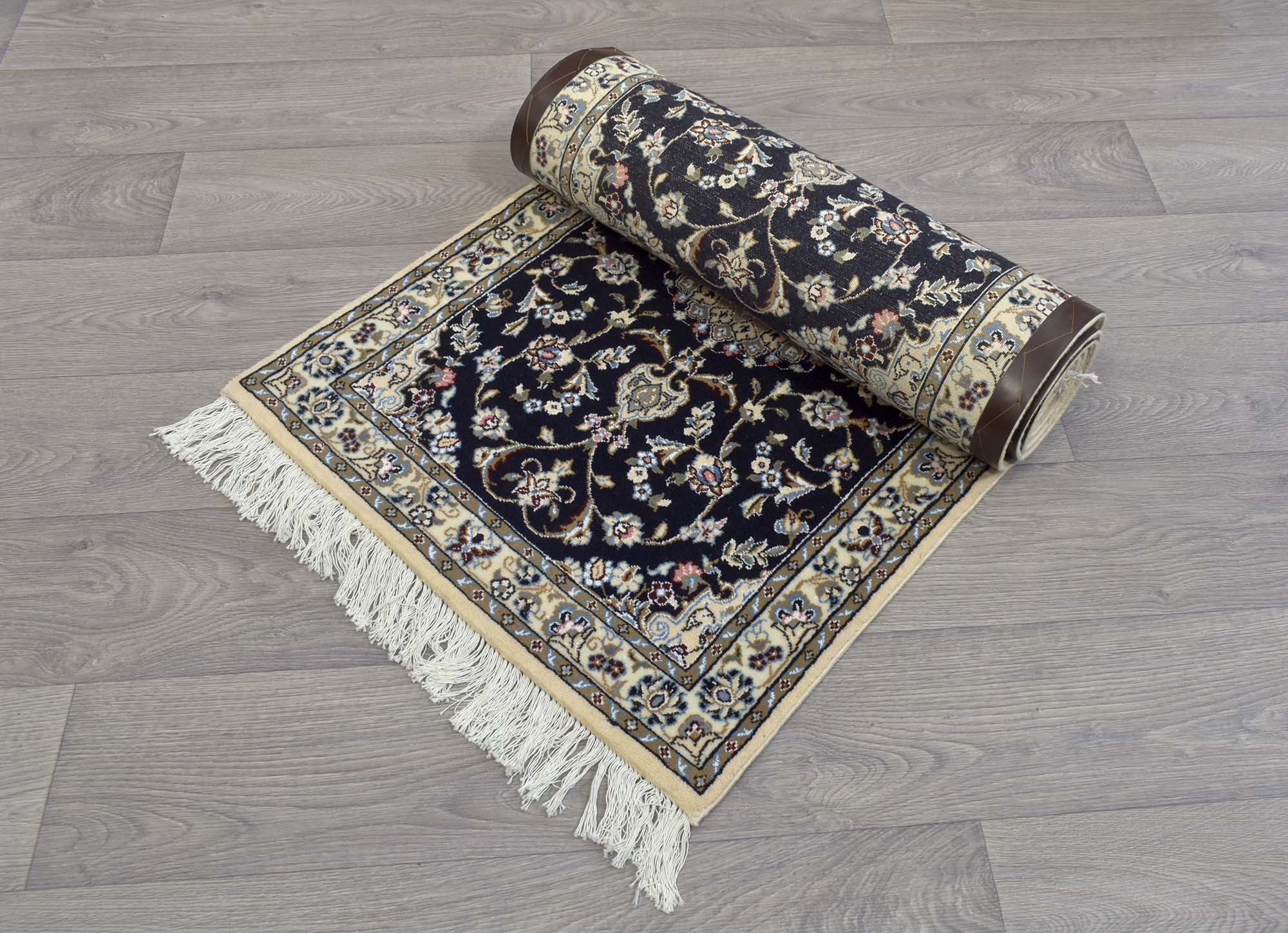 Navy Persian Nain Silk n Wool Runner 210cm x 63cm