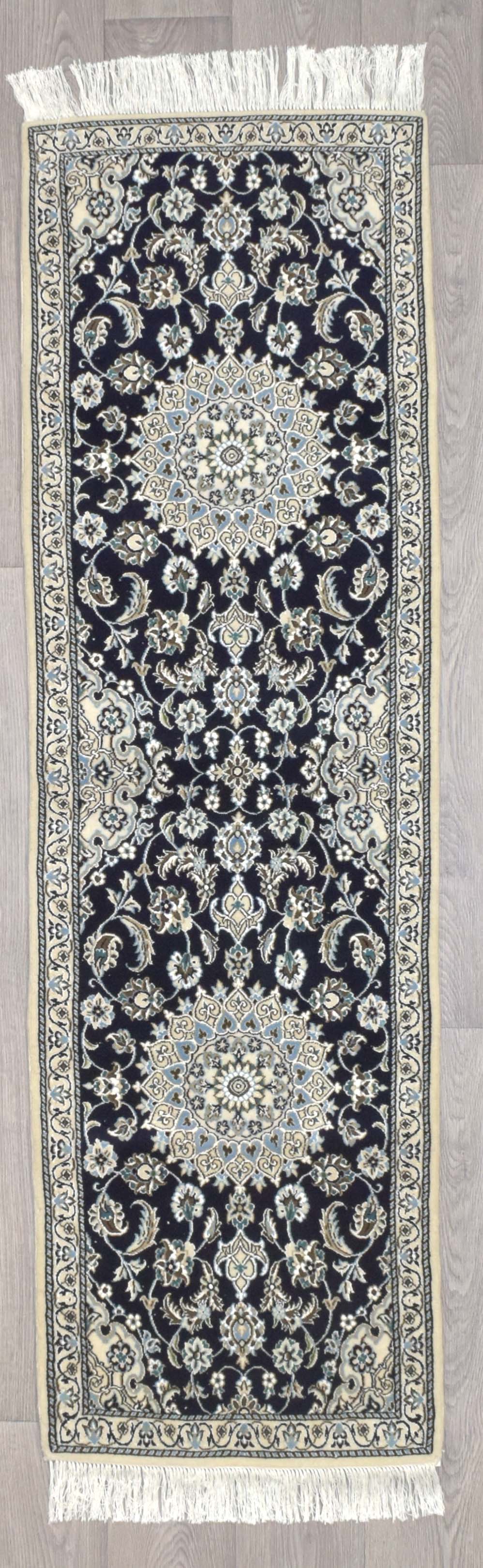 Navy Persian Nain Silk n Wool Runner 210cm x 63cm