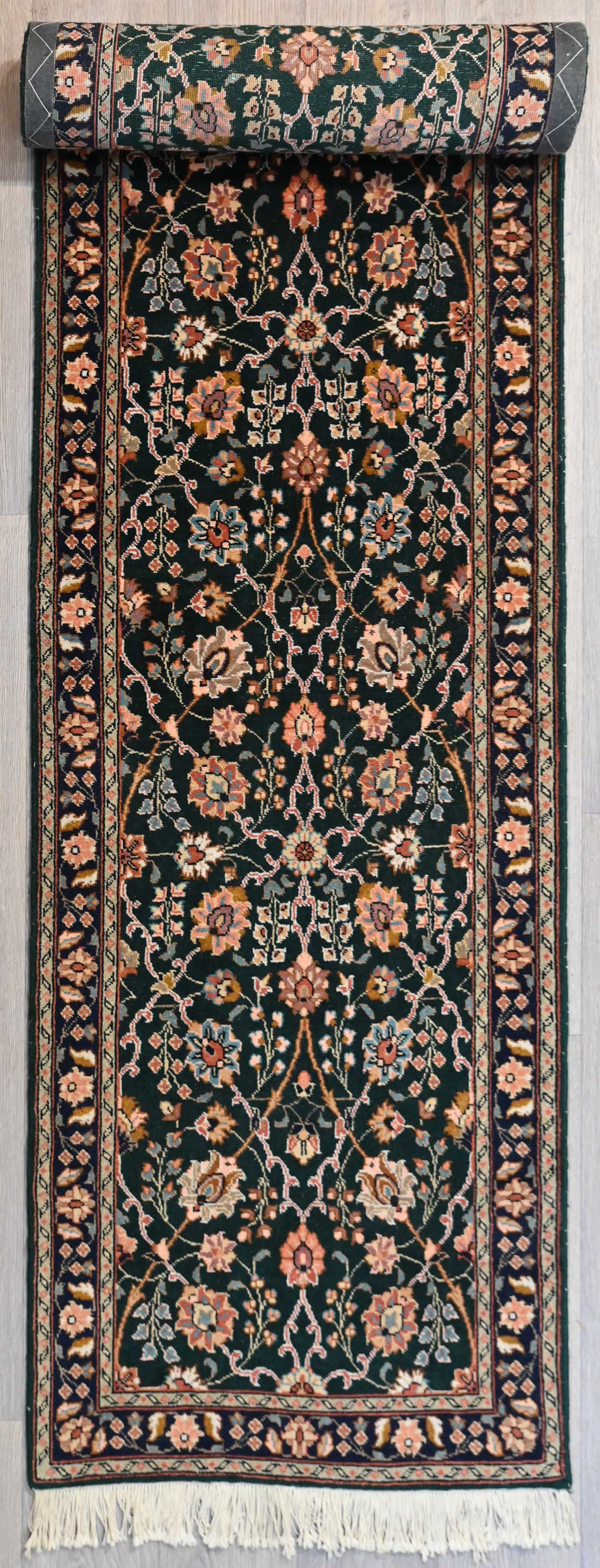 Emerald Green Persian Tabriz Wool Runner 378cm x 76cm