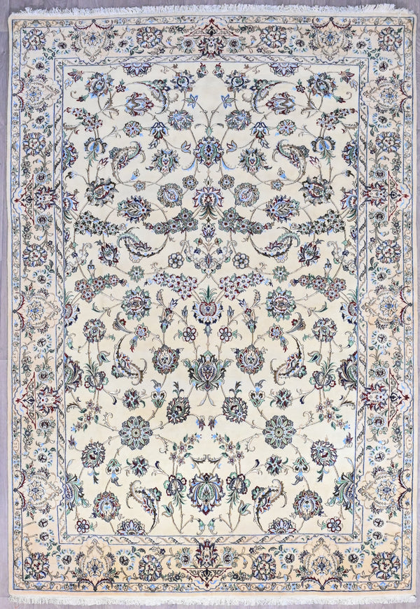 Very Fine Persian Nain Silk n Wool w/ Cream & Mint Green Tones All Over Design - (330 cm x 228 cm)