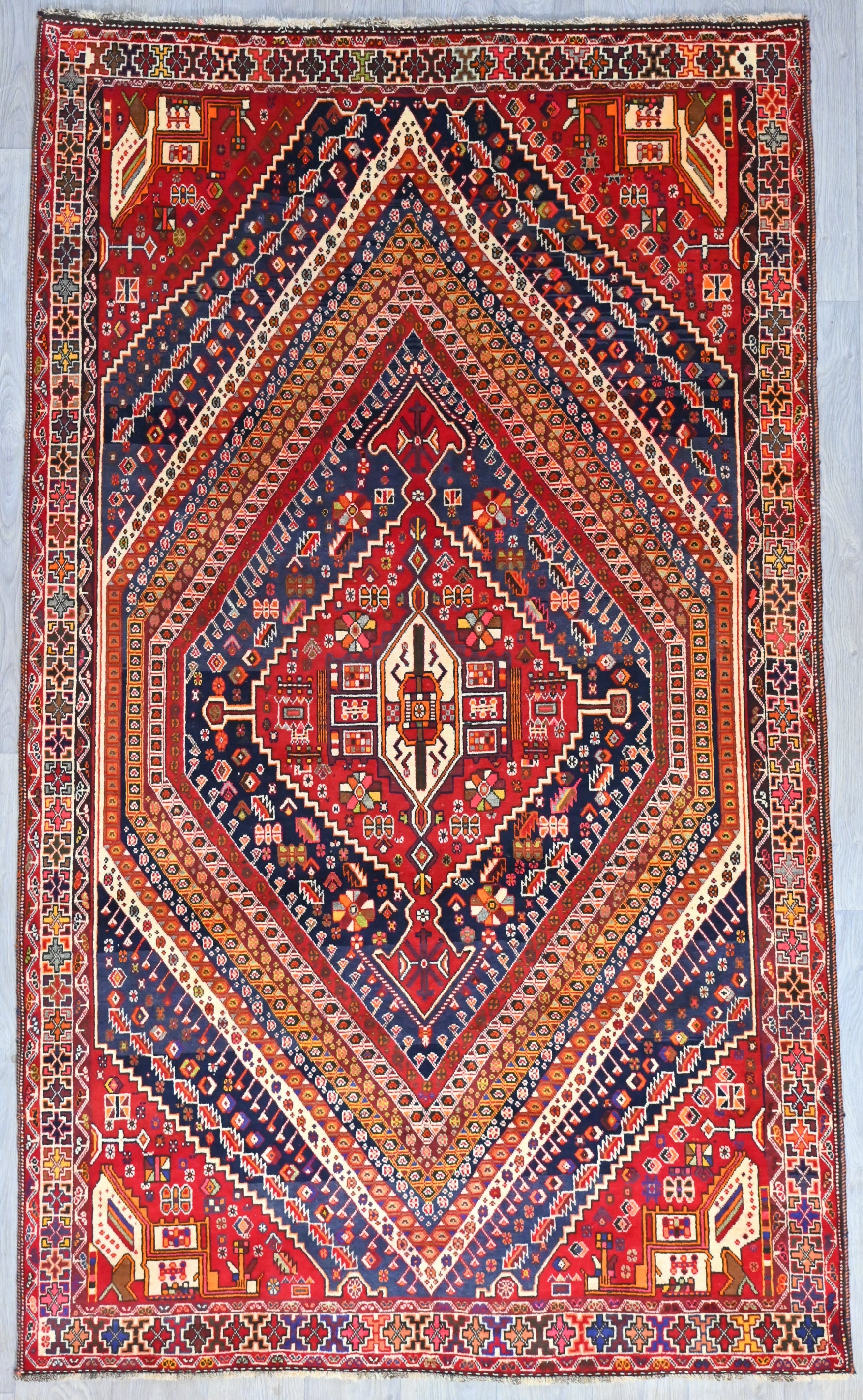 Red and Navy Persian Tribal Shiraz Wool Rug 292cm x 173cm