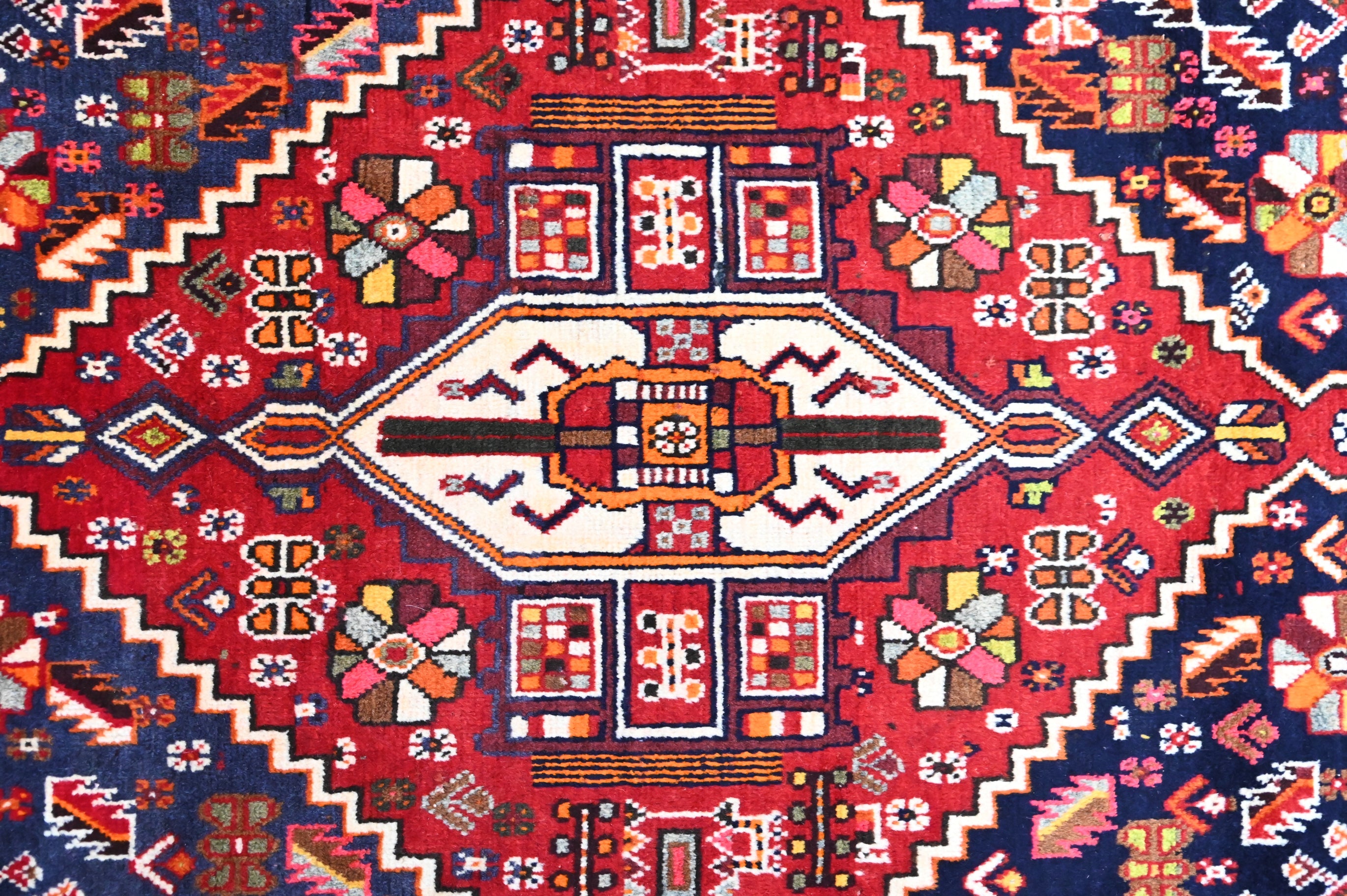 Red and Navy Persian Tribal Shiraz Wool Rug 292cm x 173cm