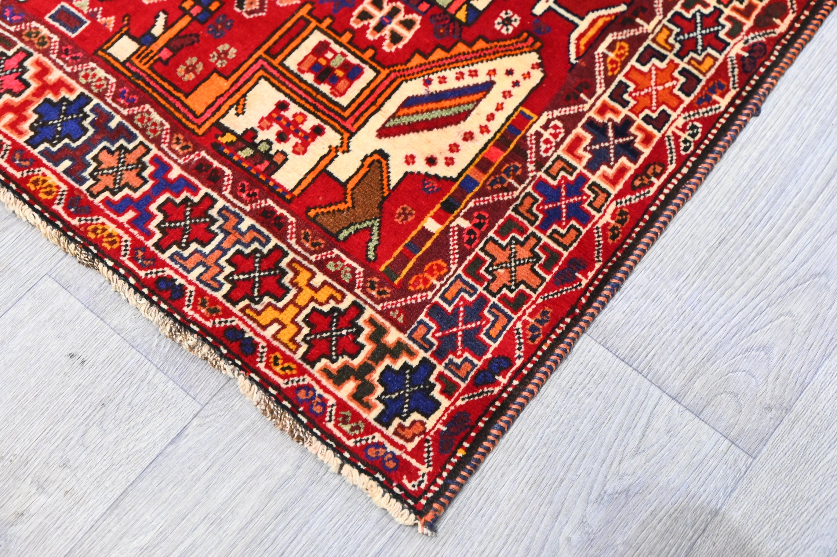 Red and Navy Persian Tribal Shiraz Wool Rug 292cm x 173cm