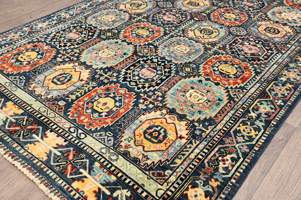 Blue Afghan Veg Dye Geometric Chobi Wool Rug 284cm x 180cm K715