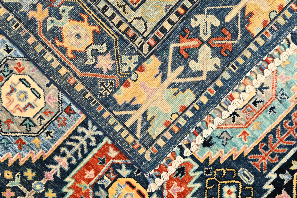 Blue Afghan Veg Dye Geometric Chobi Wool Rug 284cm x 180cm K715