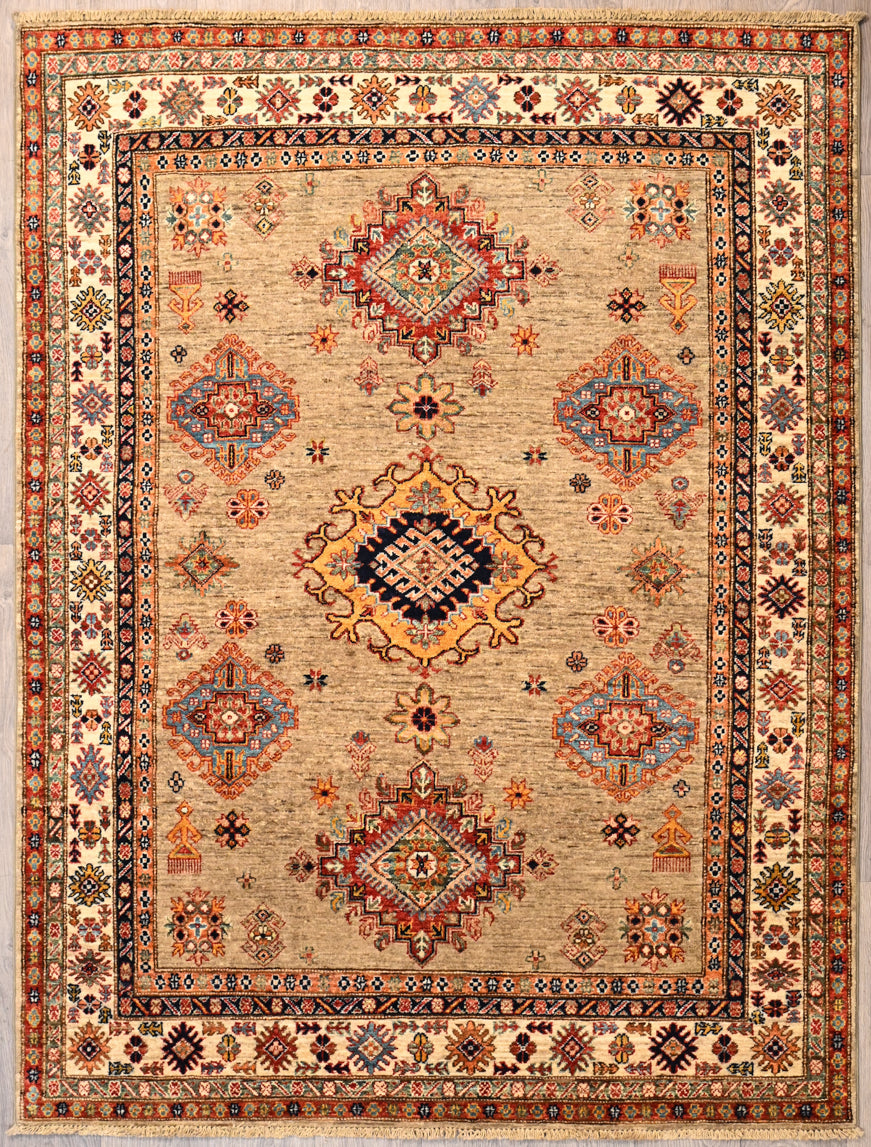 Beige Fine Afghan Super Kazak Rug 209cm x 158cm