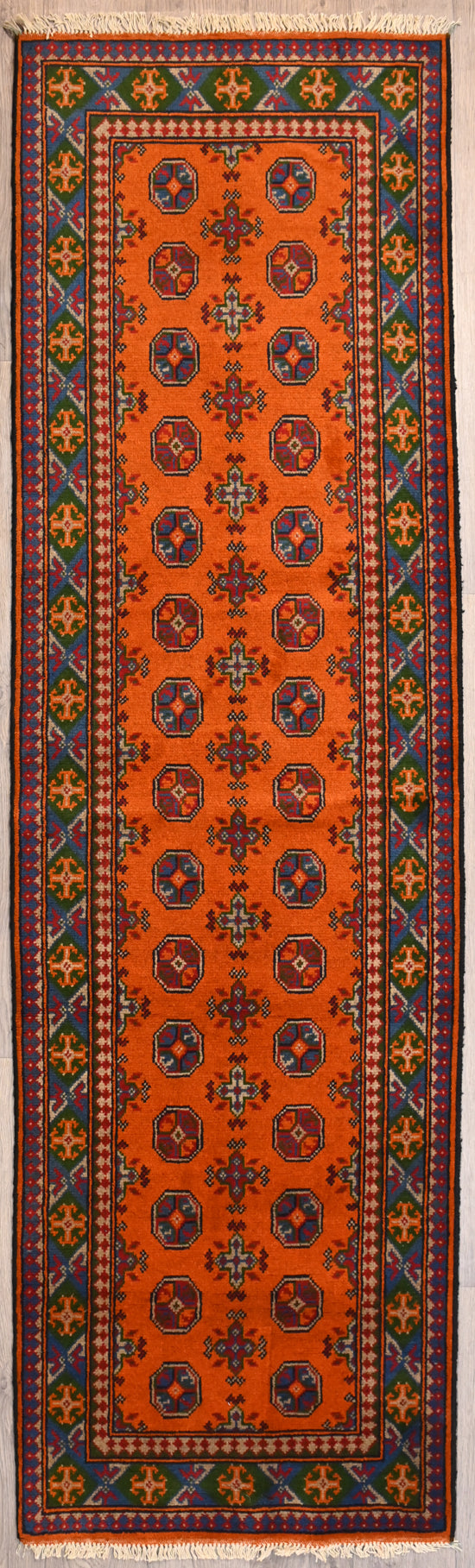 Orange Afghan Turkoman Bukhara Wool Runner 291cm x 82cm