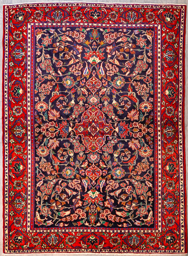 Red and Navy Persian Vintage Fine Sarough Wool Rug 210cm x 155cm