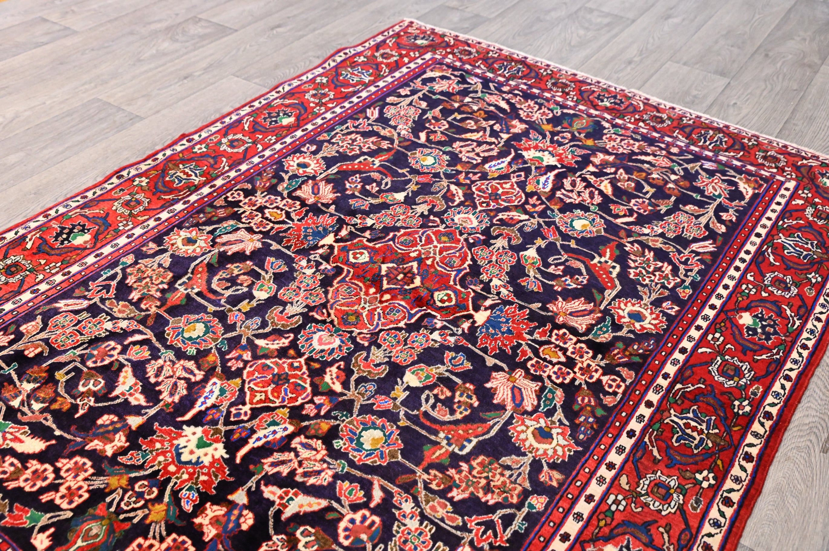 Red and Navy Persian Vintage Fine Sarough Wool Rug 210cm x 155cm