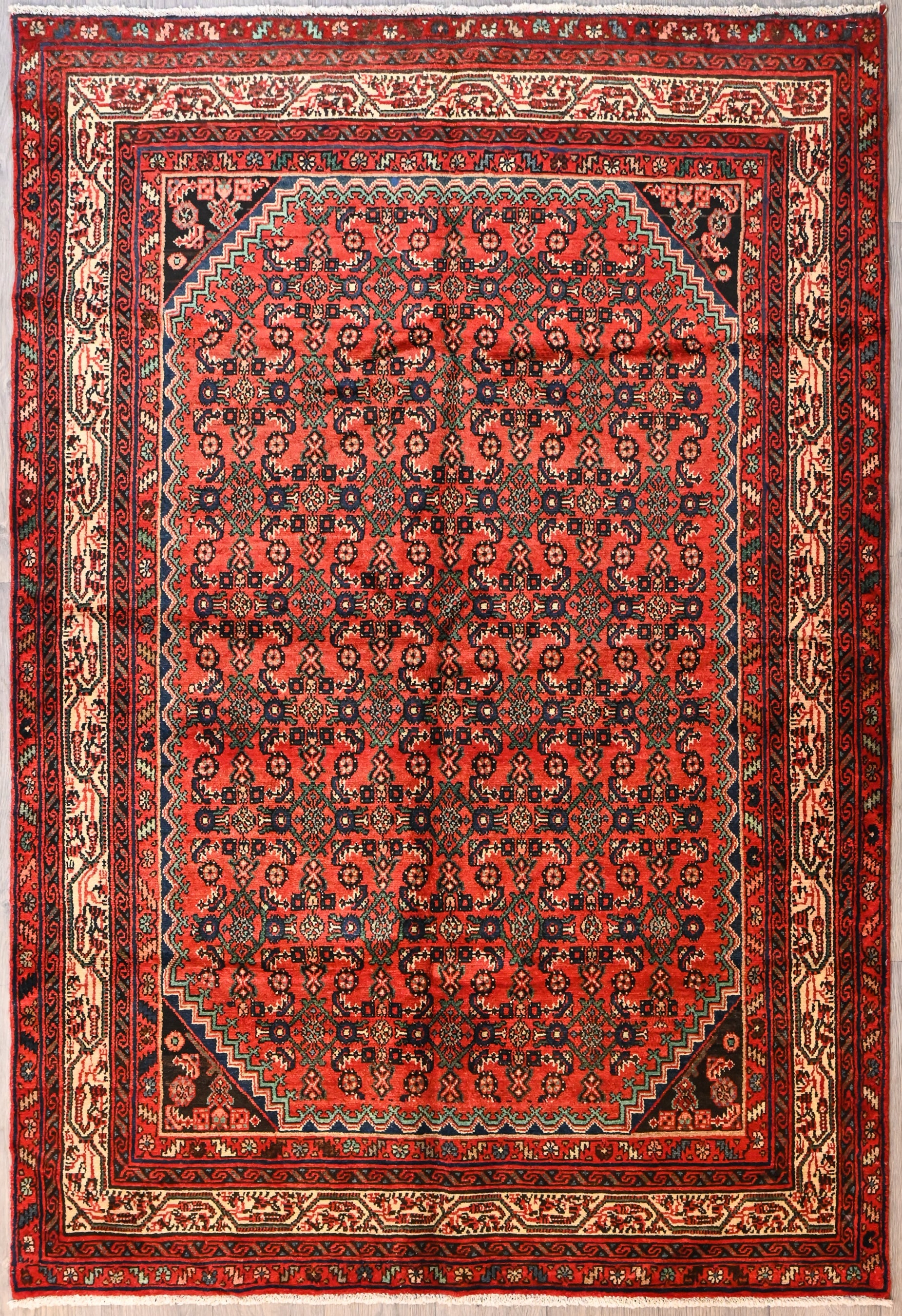 Red with Green accents Persian Hamadan Rug  235cm x  158cm