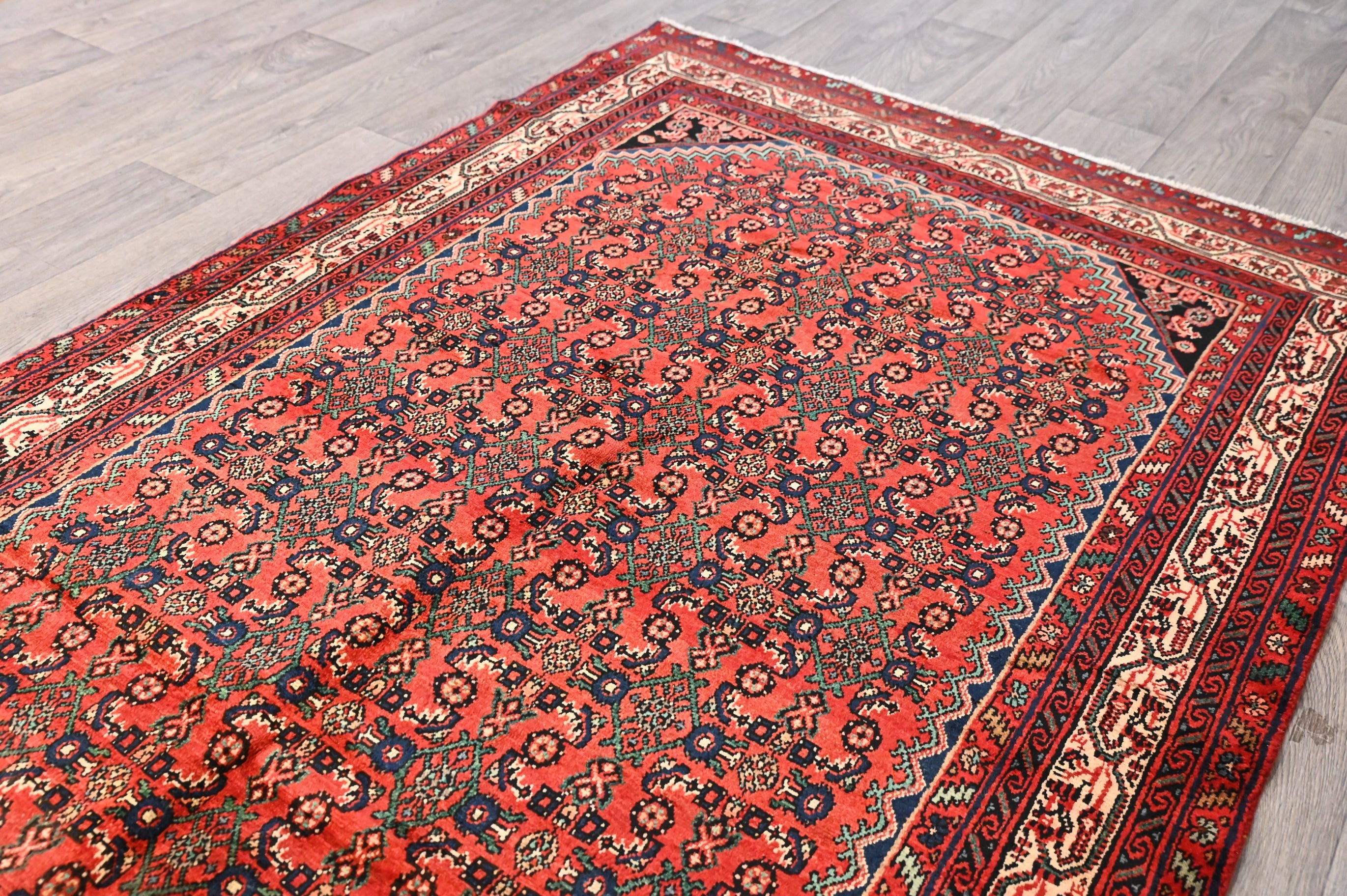 Red with Green accents Persian Hamadan Rug  235cm x  158cm