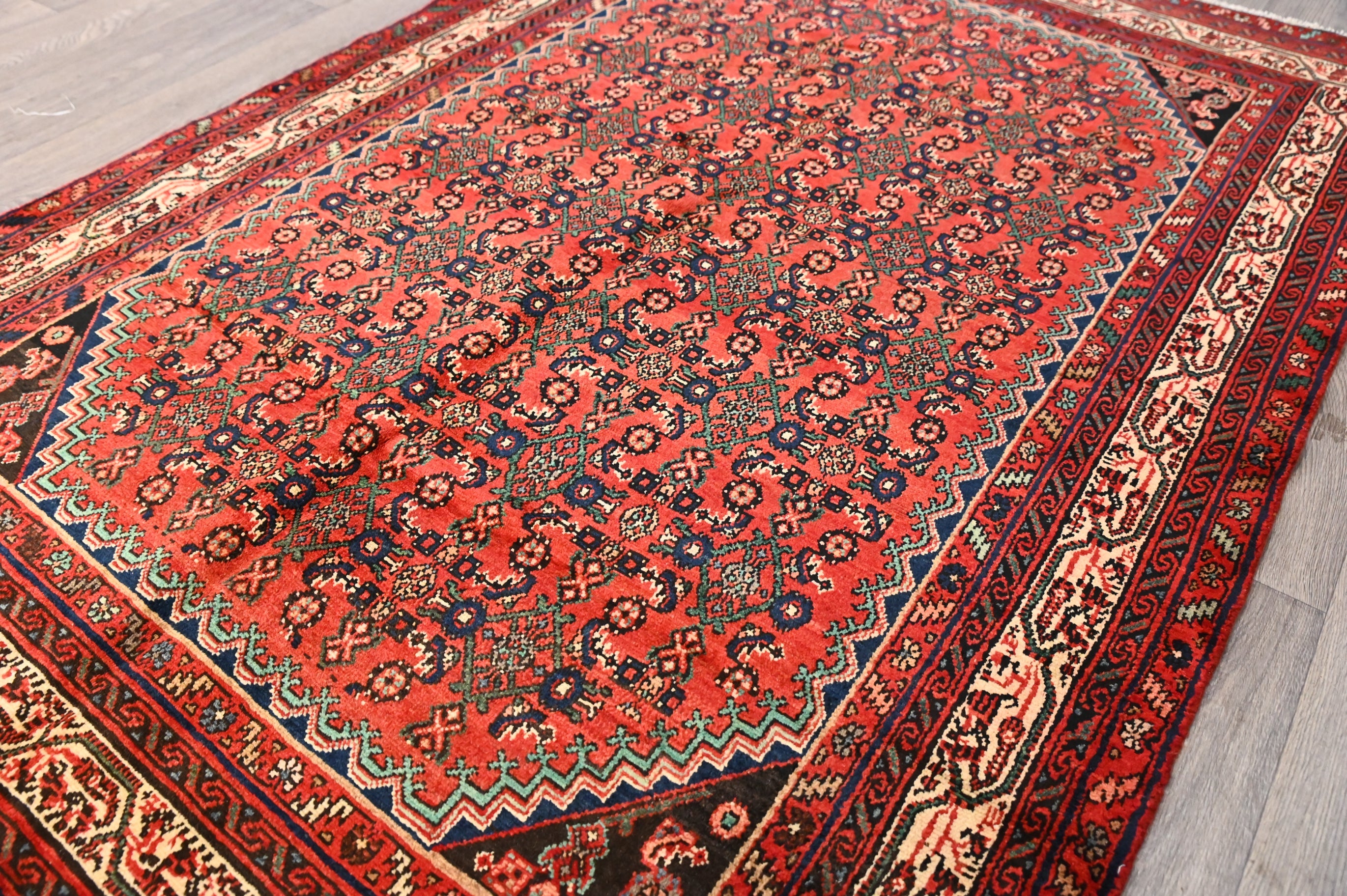 Red with Green accents Persian Hamadan Rug  235cm x  158cm