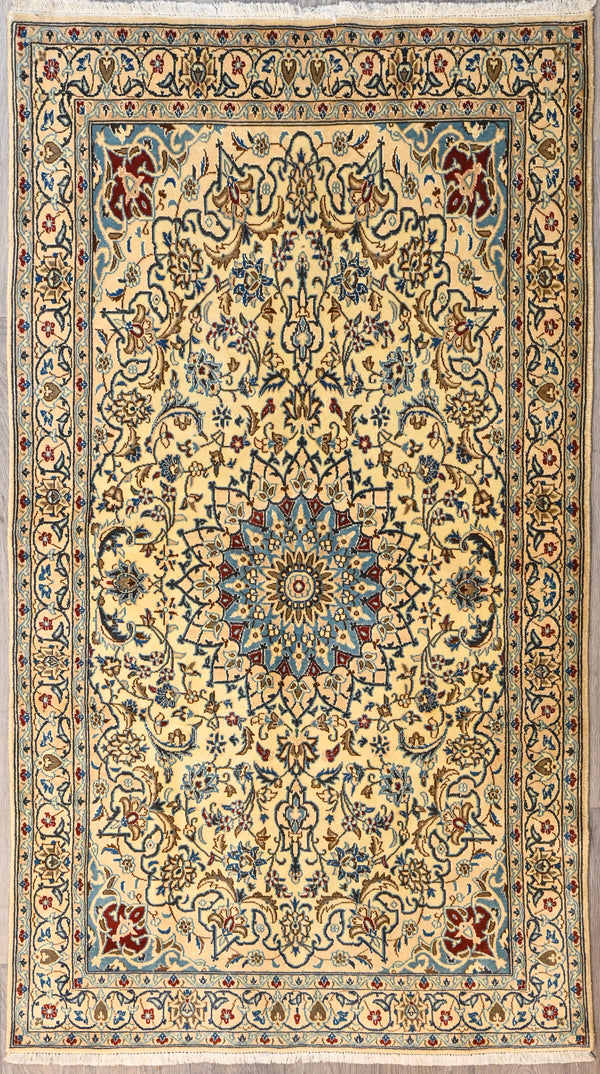 Finely Handknotted Persian Nain Rug w/ Beige Undyed Sheeps-wool (210cm x 110cm)