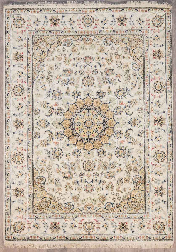 Cream Fine Nain Jaipur  Silk n Wool Rug 177cm x 246cm