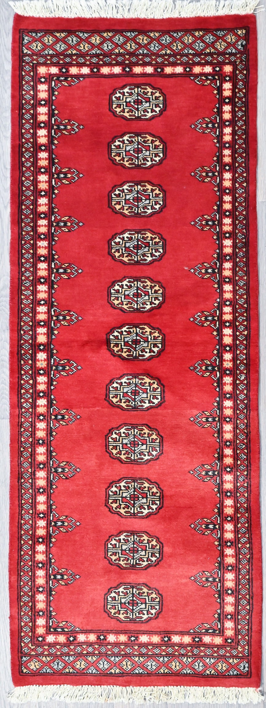 Red and White Pakistani Bukhara Runner 177cm x 66cm