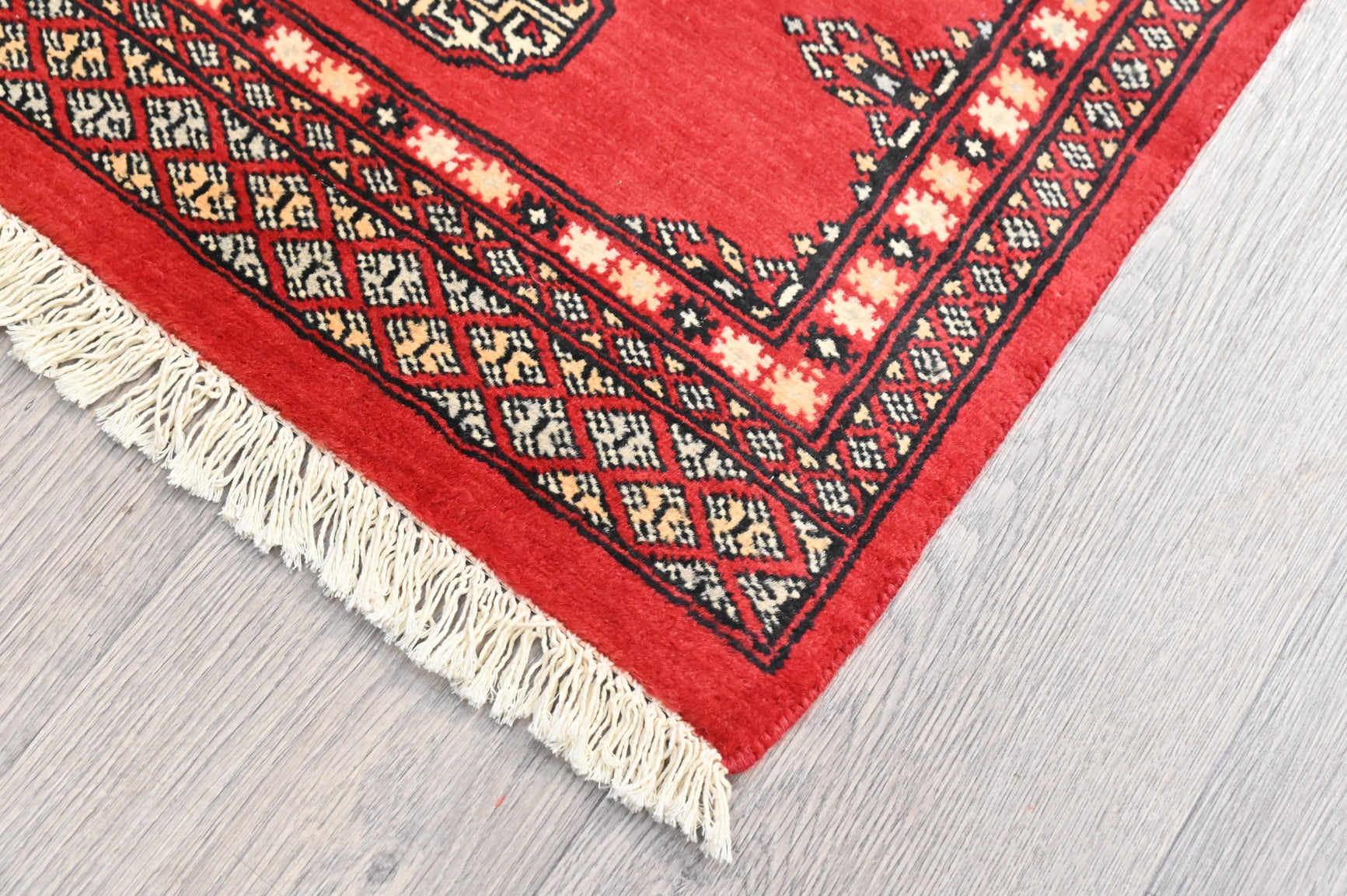 Red and White Pakistani Bukhara Runner 177cm x 66cm