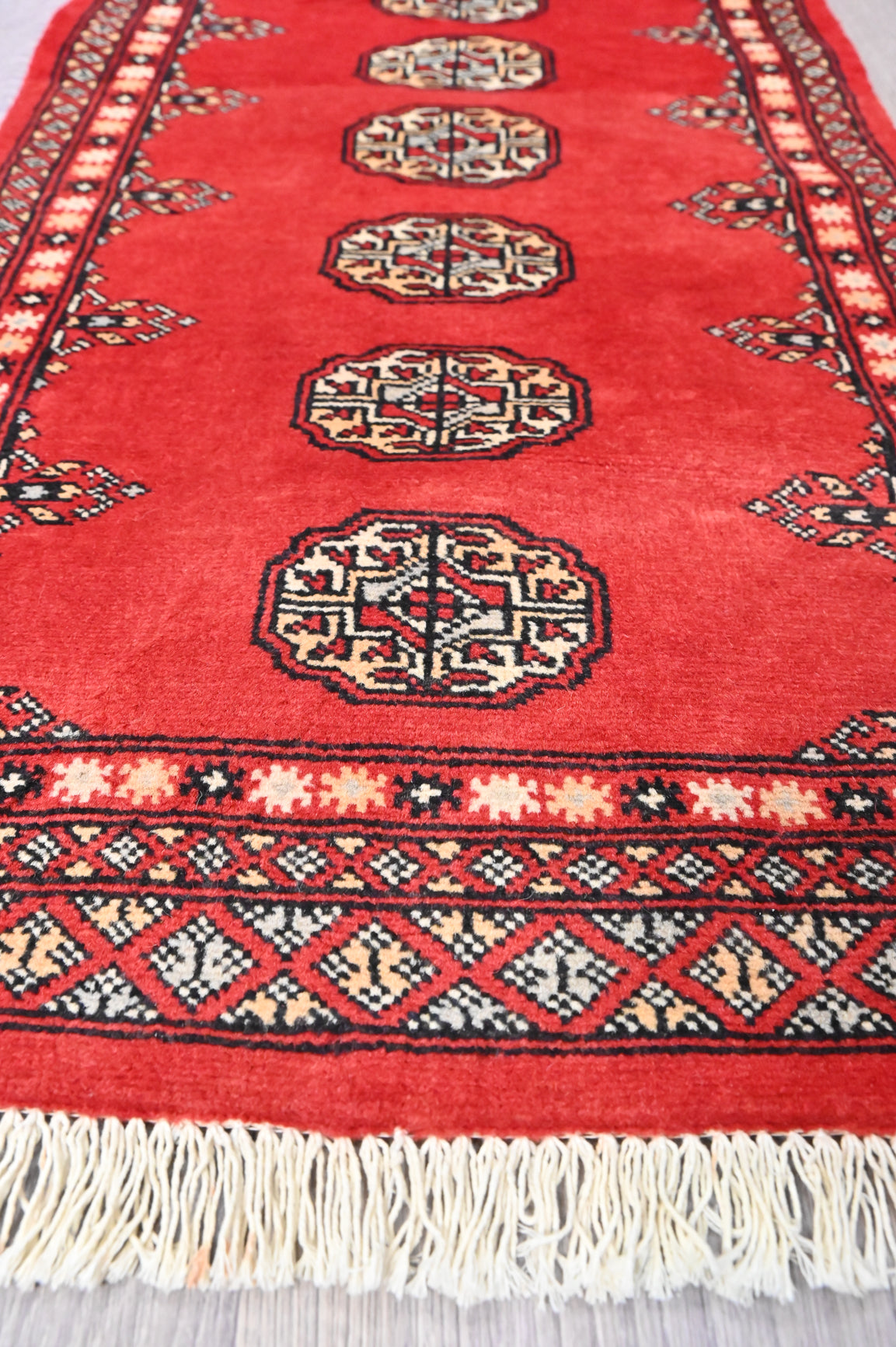 Red and White Pakistani Bukhara Runner 177cm x 66cm