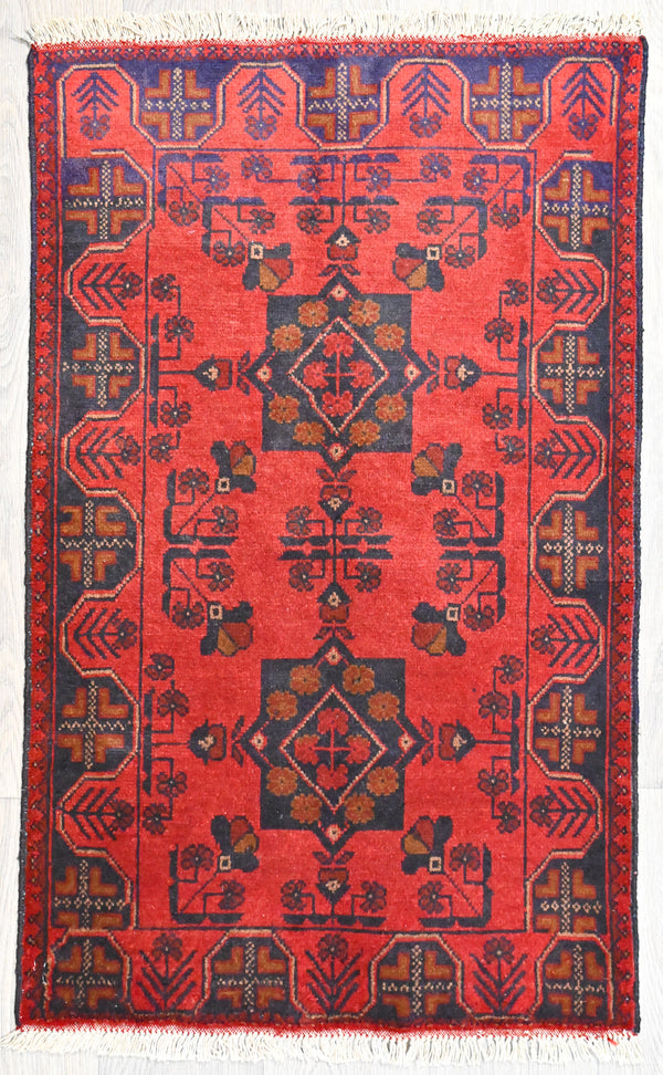 Red and Navy Afghan Khal Rug 120cm x 70cm