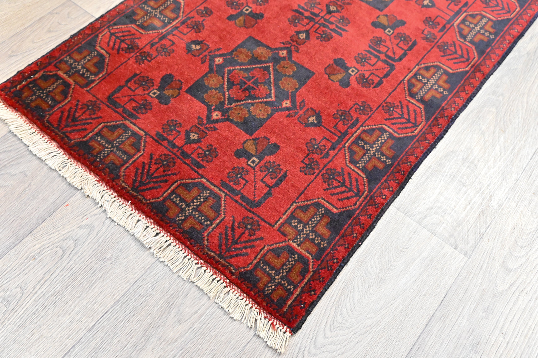 Red and Navy Afghan Khal Rug 120cm x 70cm