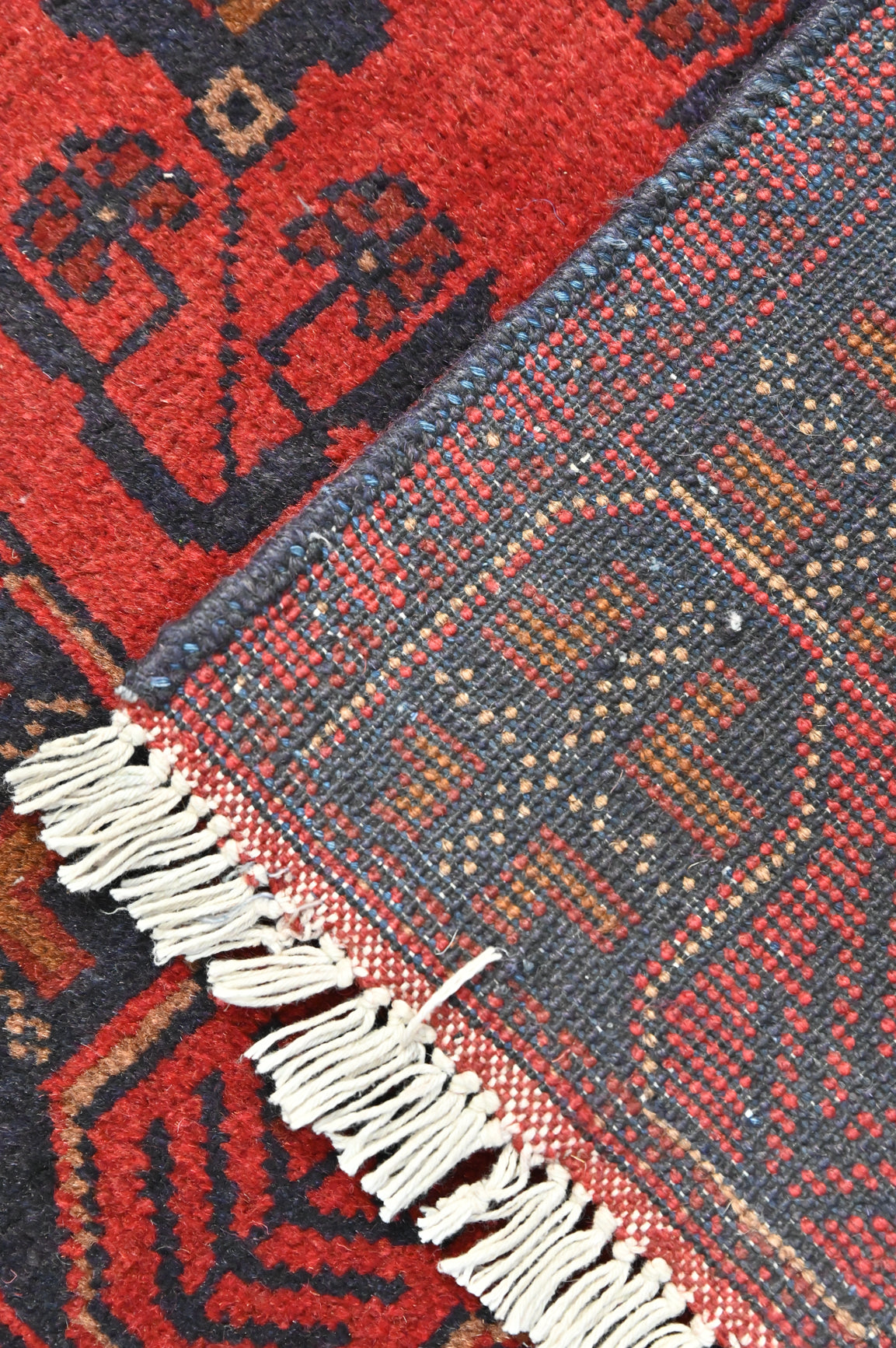 Red and Navy Afghan Khal Rug 120cm x 70cm