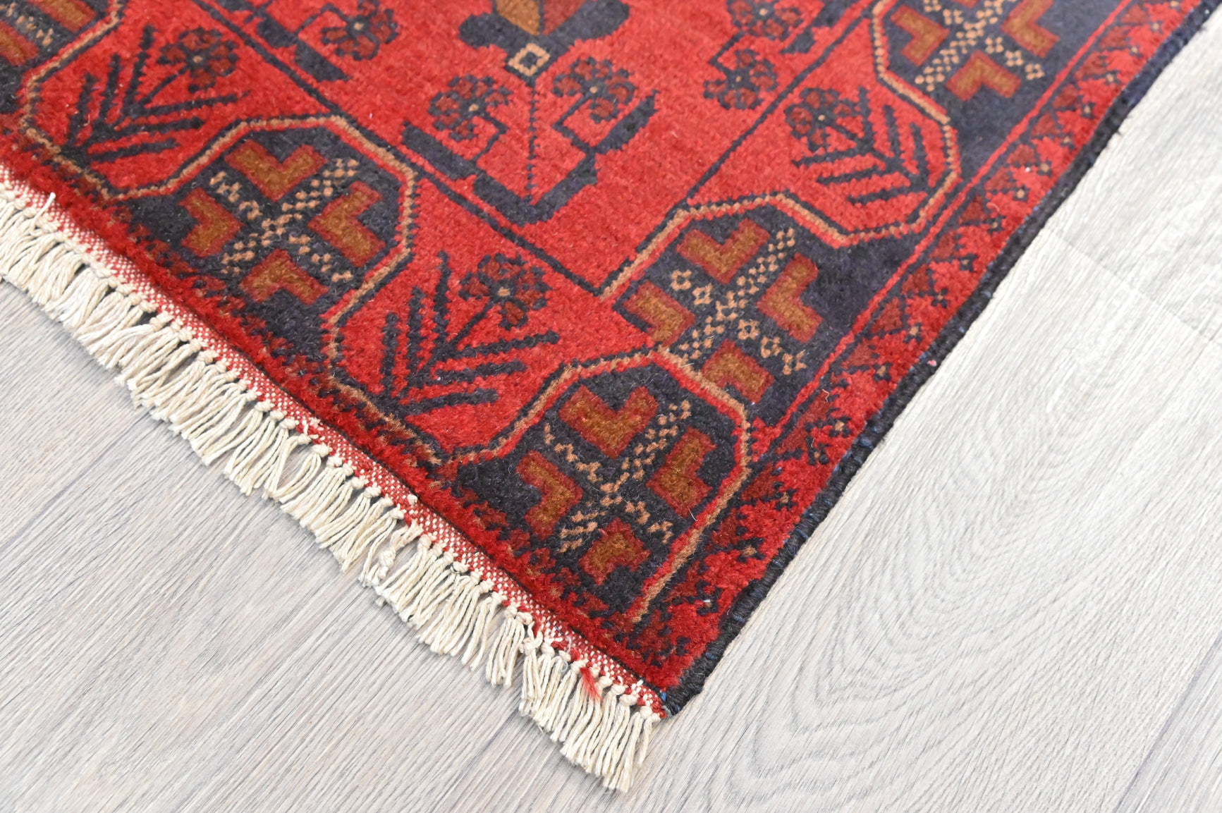 Red and Navy Afghan Khal Rug 120cm x 70cm