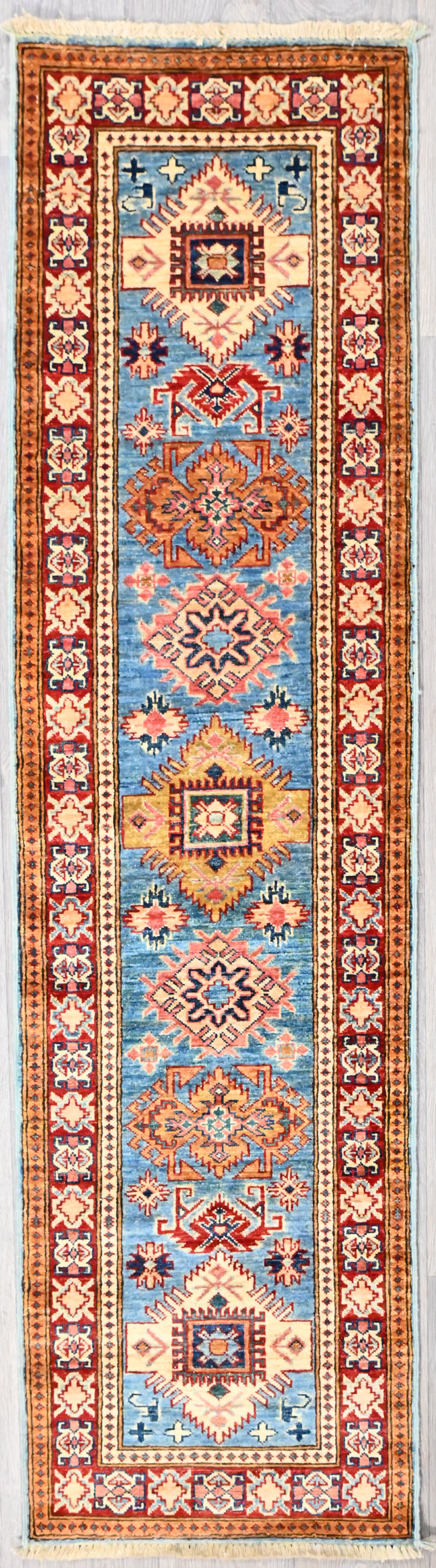 Blue and Cream Afghan Super Kazak Runner 212cm x 56cm