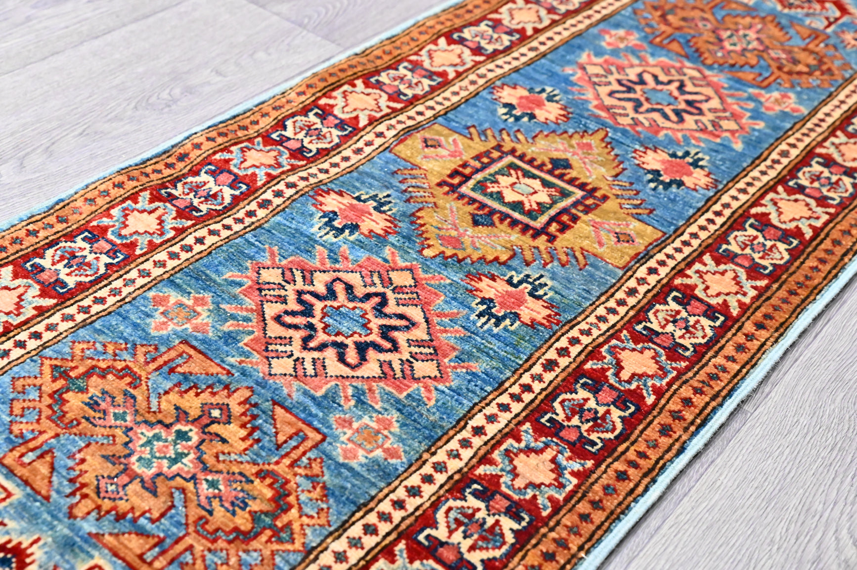 Blue and Cream Afghan Super Kazak Runner 212cm x 56cm