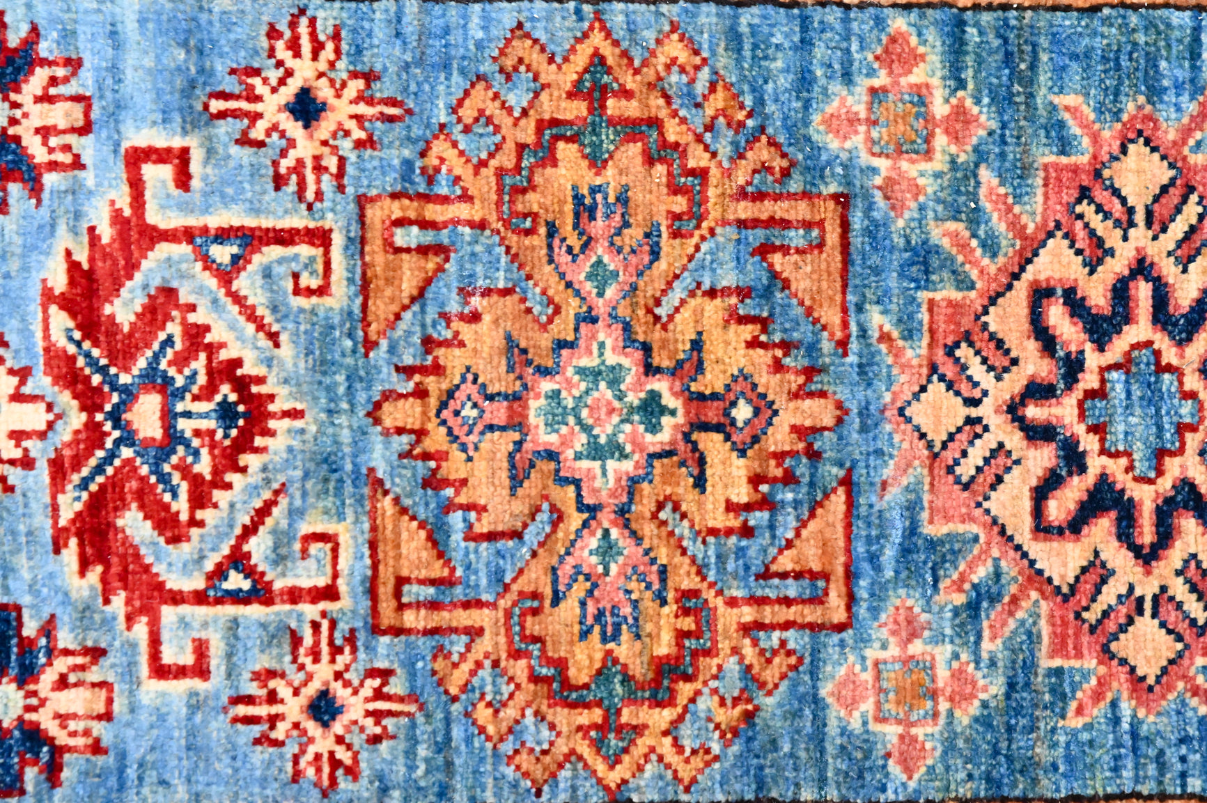 Blue and Cream Afghan Super Kazak Runner 212cm x 56cm