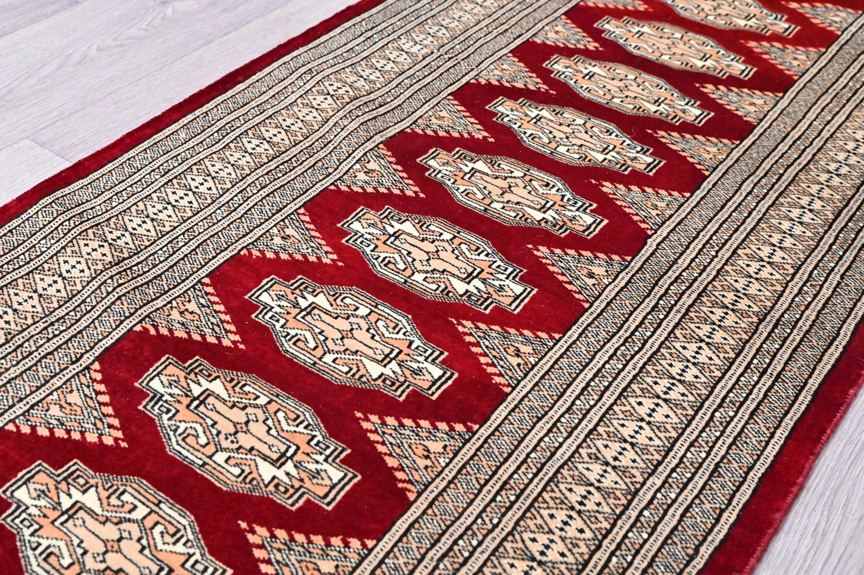 Red Cream Pak Bukhara Wool Runner 367cm x 76cm