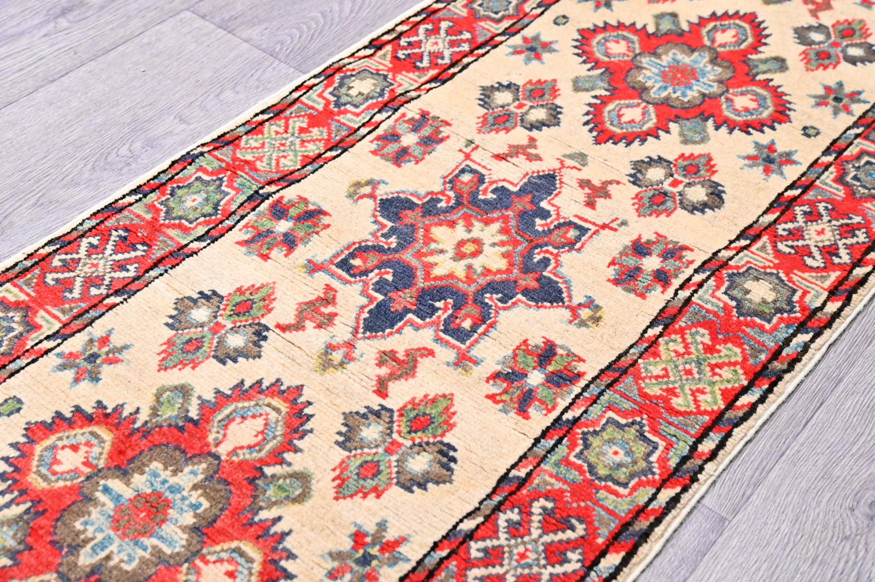 Beige Cream Afghan Kazak Wool Runner  216cm x 58cm