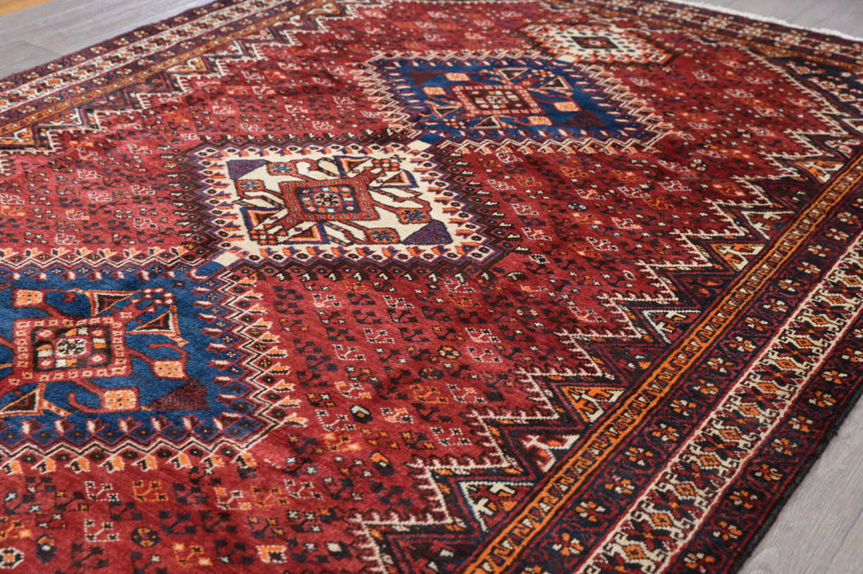 Red and Blue Vintage 1970s Persian Shiraz Rug 320cm x 215cm