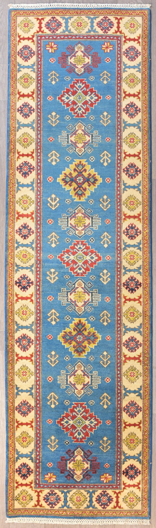 Blue Afghan Kazak Wool Runner 293cm x 83cm