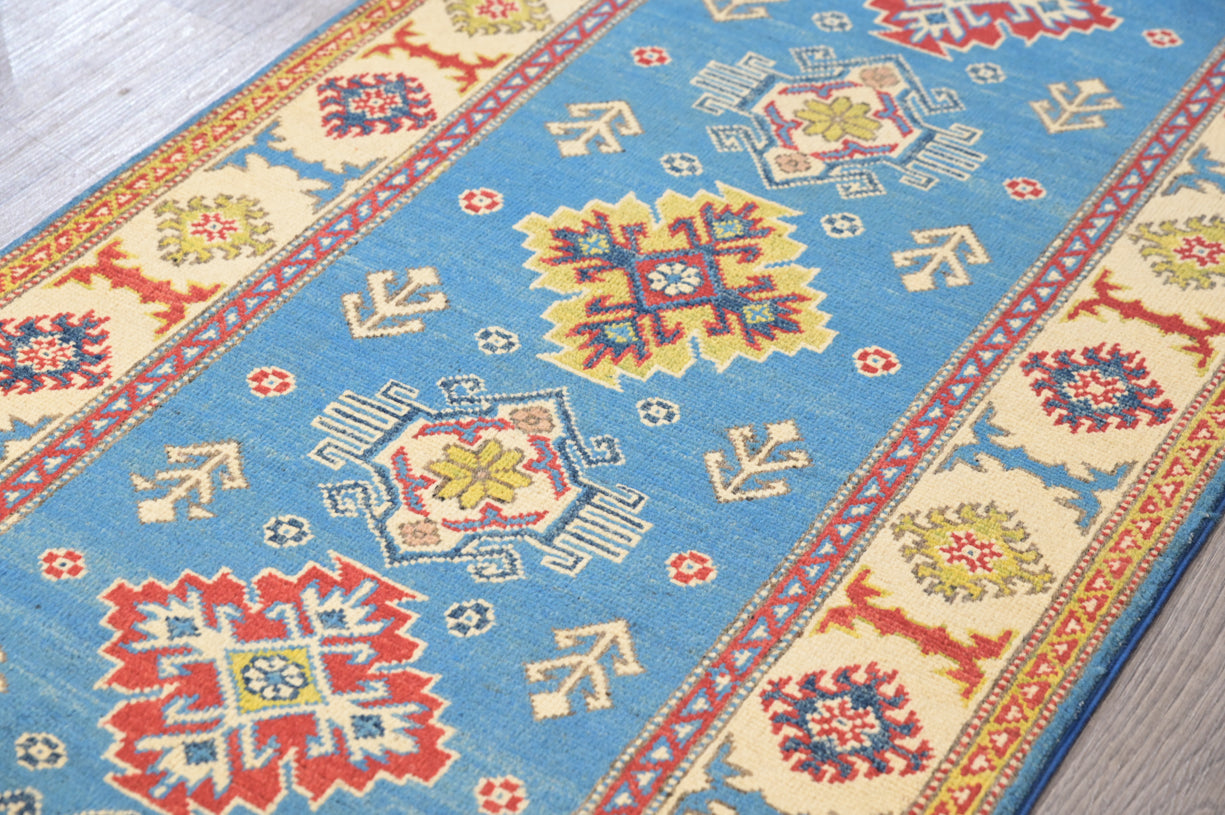 Blue Afghan Kazak Wool Runner 293cm x 83cm