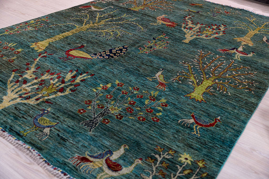 Emerald Green Pictorial Afghan Chobi Wool Rug 296cm x 206cm