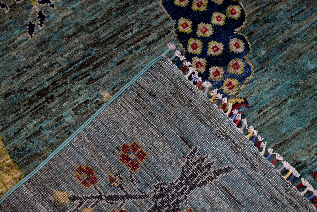 Emerald Green Pictorial Afghan Chobi Wool Rug 296cm x 206cm