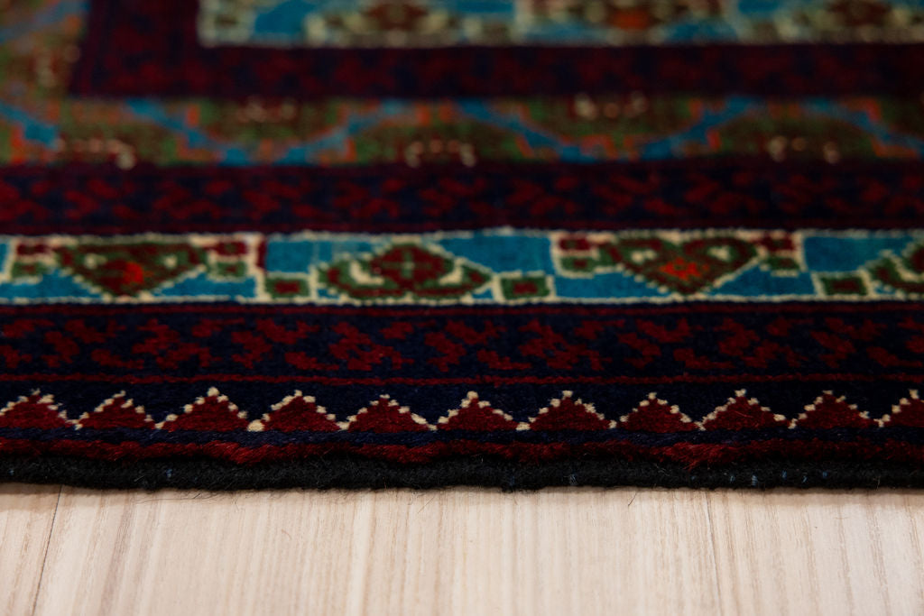 Blue Red Afghan Khoja Roshnai Wool Rug 197cm X 150cm