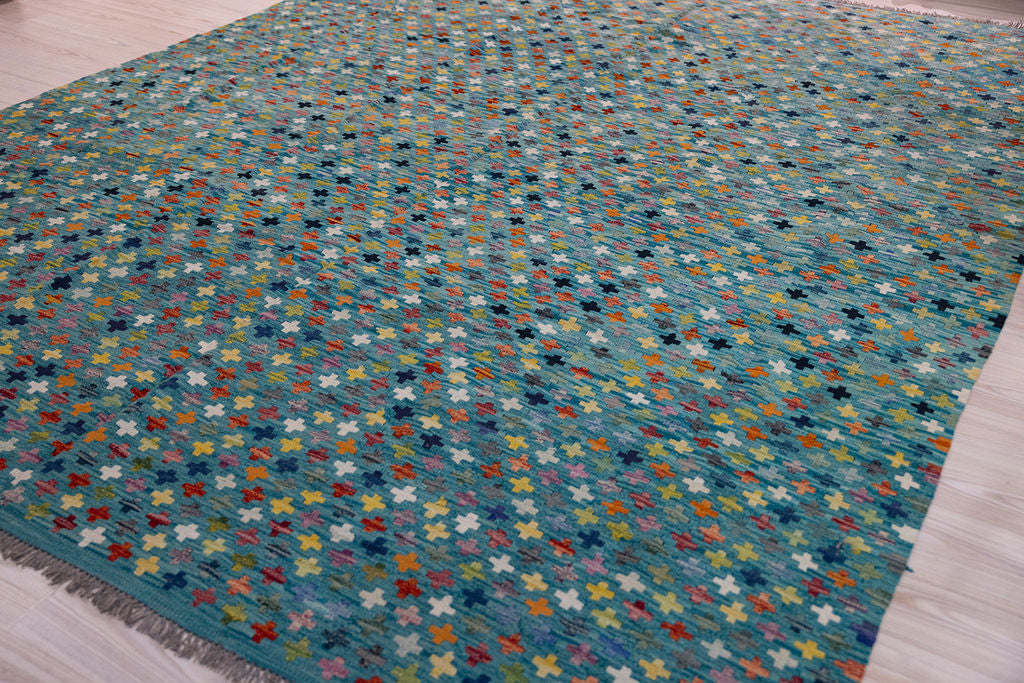 Acqua Blue Modern Afghan Wool Kilim 347cm x 247cm