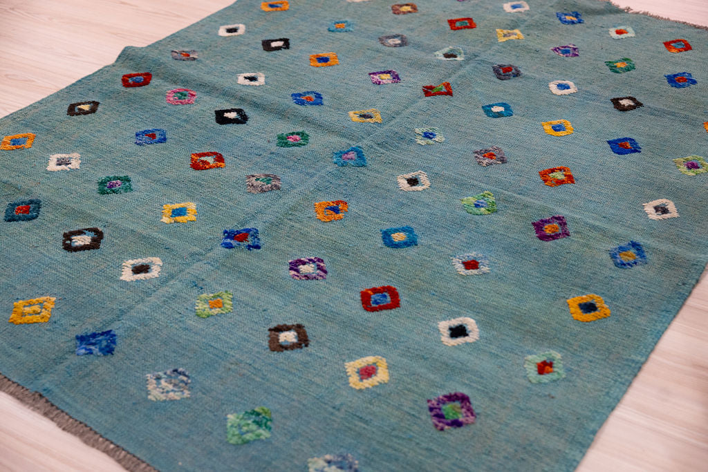 Turquoise Blue Barjasta Afghan Wool Kilim 197cm x 148cm
