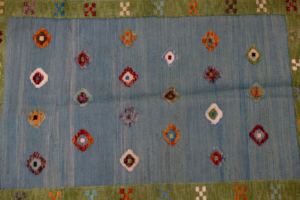 Blue Barjasta Afghan Wool Kilim 196cm x 148cm