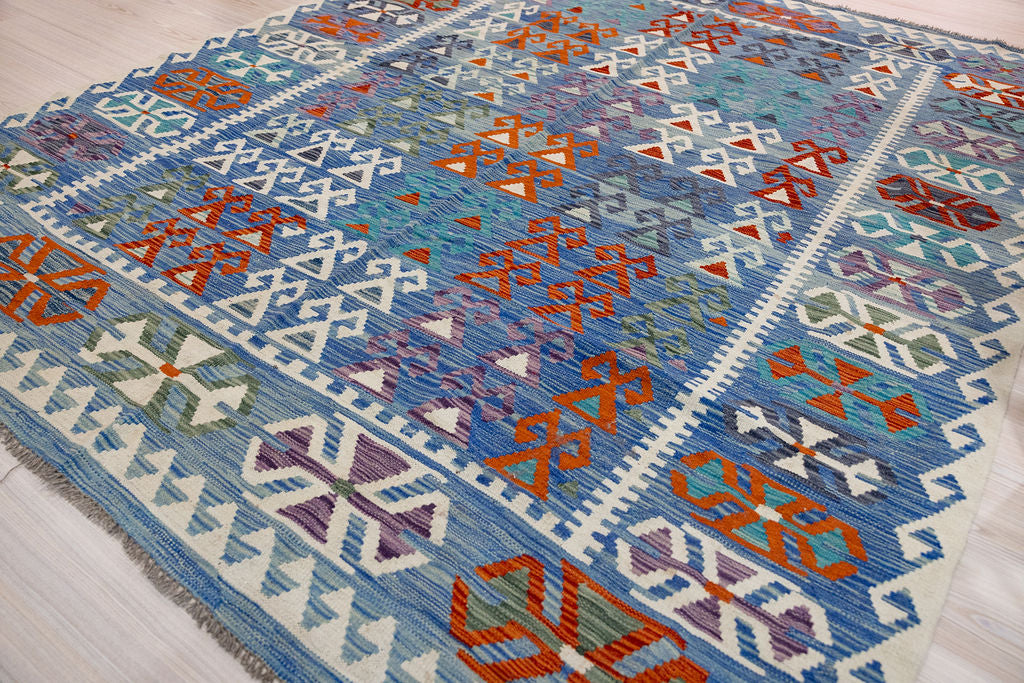 Blue Rare Afghan Boho Wool Kilim 294cm x 242cm