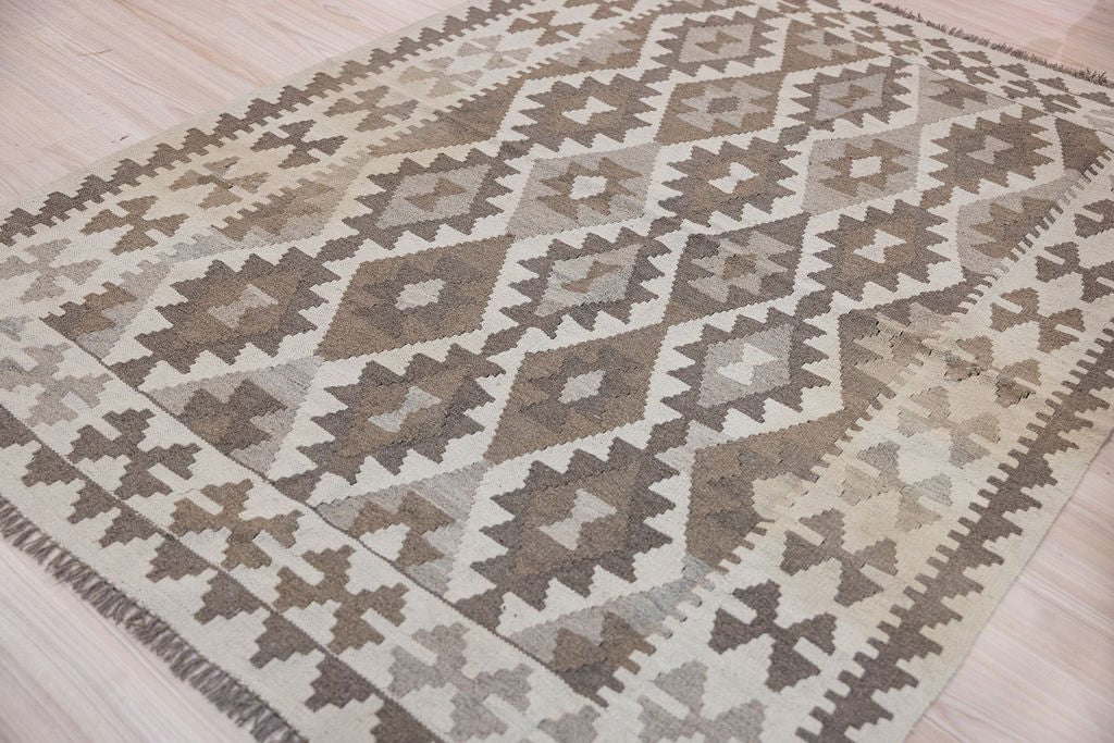 Earthy Cream Afghan Boho Wool Kilim 196cm x 147cm