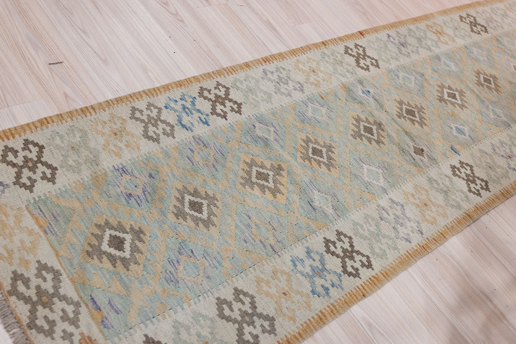 Muted Afghan Boho Wool Kilim Runner 270cm x 79cm