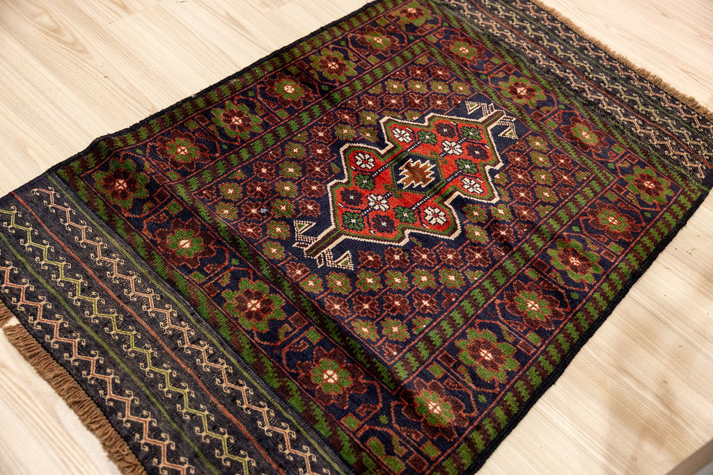 Green Persian Baluchi Wool Rug 145cm x 85cm