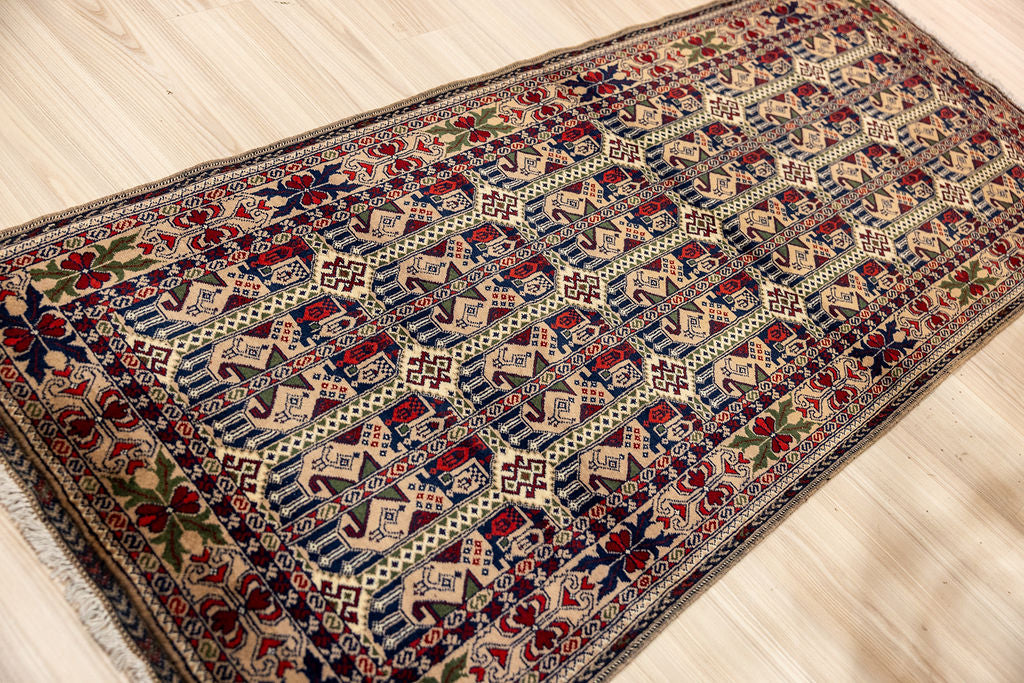 Beige Pictorial Afghan Kundus Wool Runner 210cm x 82cm