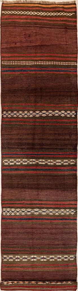 Authentic Handknotted Vintage c.1970's Persian Wool Kilim Runner 310cm x 64cm woven c. 1970's in Central Asia.
Aged gracefully and in immaculate condition.
Earthy tones as favoured by mid&nbsp;century designers with a repeating pattern of simple then complex cream accented stripes.