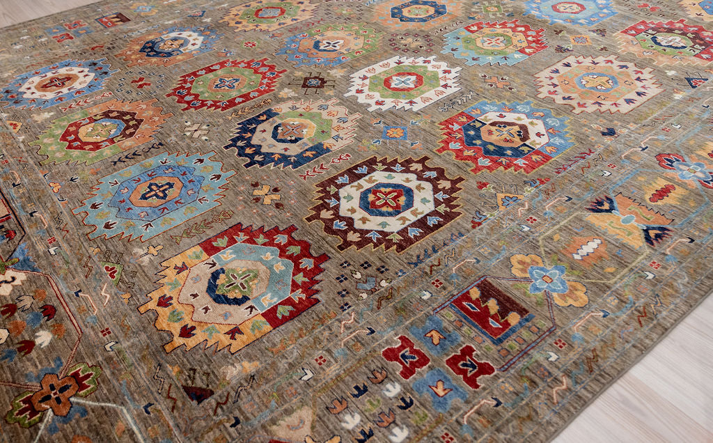 Grey Fine XL Afghan Suzani Chobi Wool Rug 422cm x 302cm