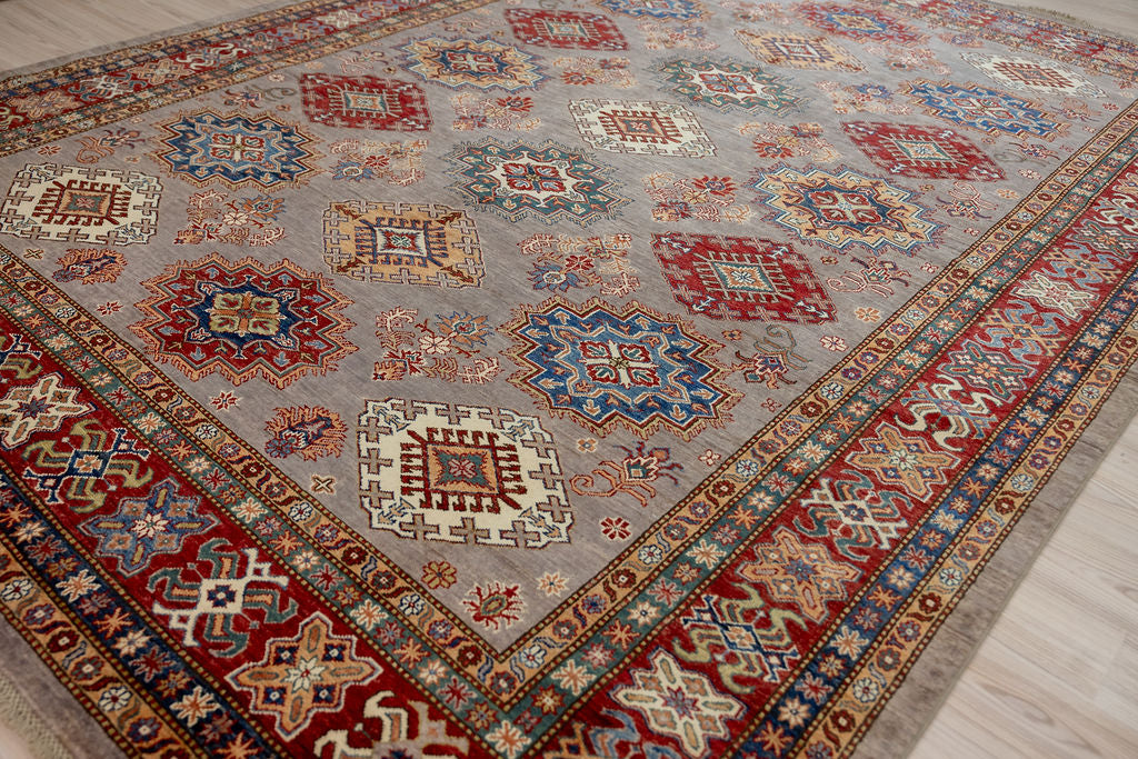 Grey Red Afghan Super Kazak Wool Rug 356cm x 266cm