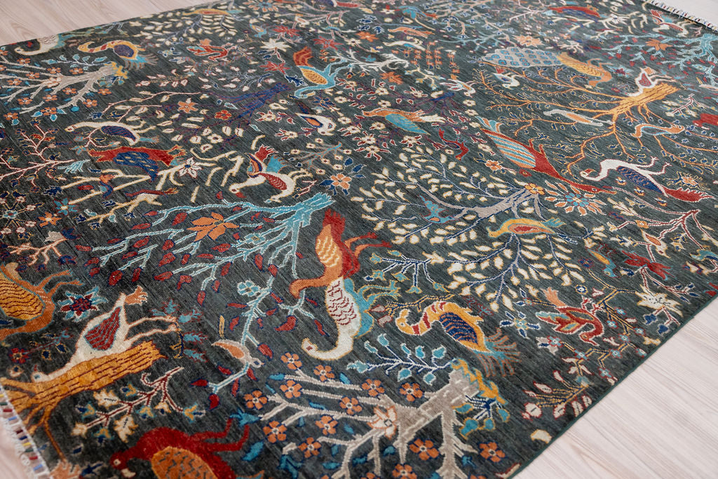 Dark Green Pictorial Afghan Chobi Wool Rug 298cm x 202cm